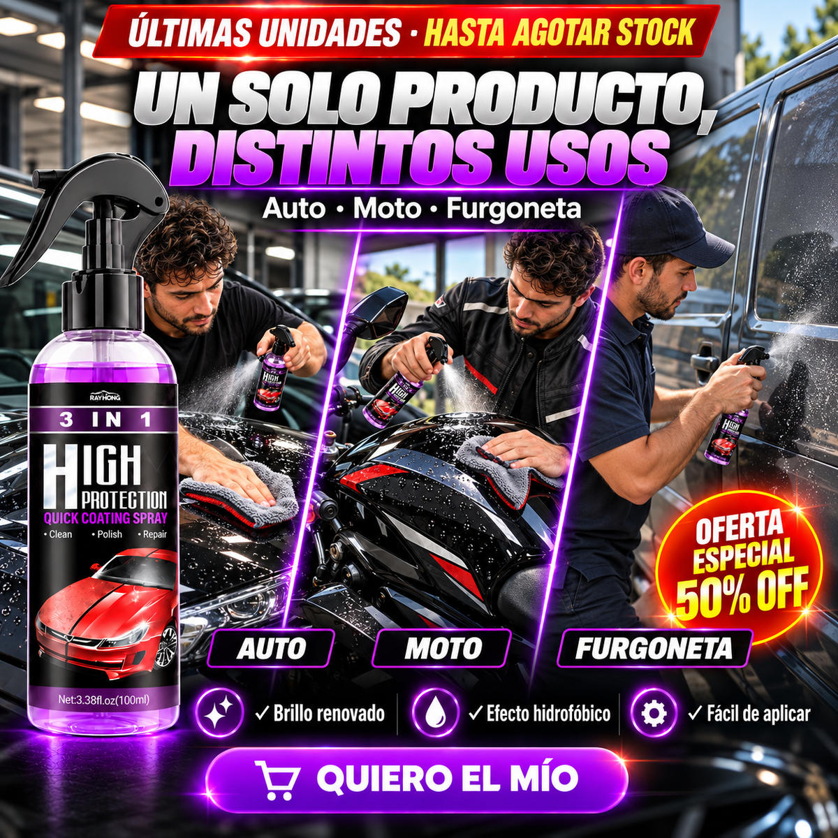 Spray de Protección y Brillo Automotriz 3 en 1